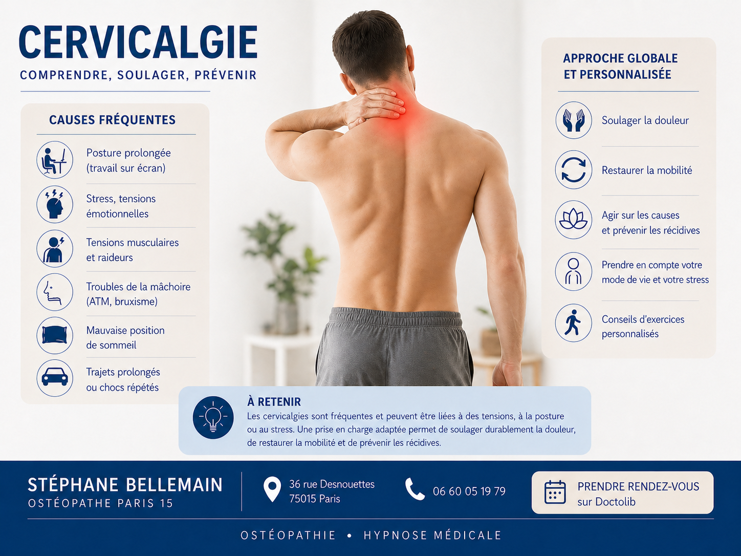 Infographie cervicalgie ostéopathe Paris 15 Stéphane Bellemain
