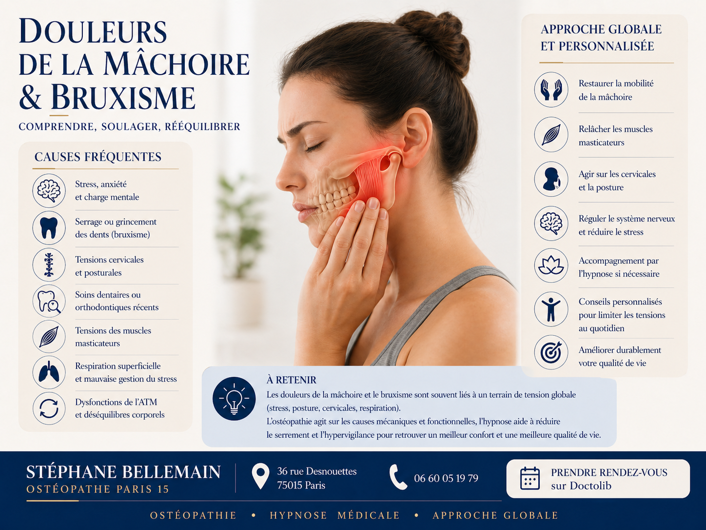 Infographie douleurs de la mâchoire, bruxisme et ATM - Ostéopathe Paris 15 Stéphane Bellemain