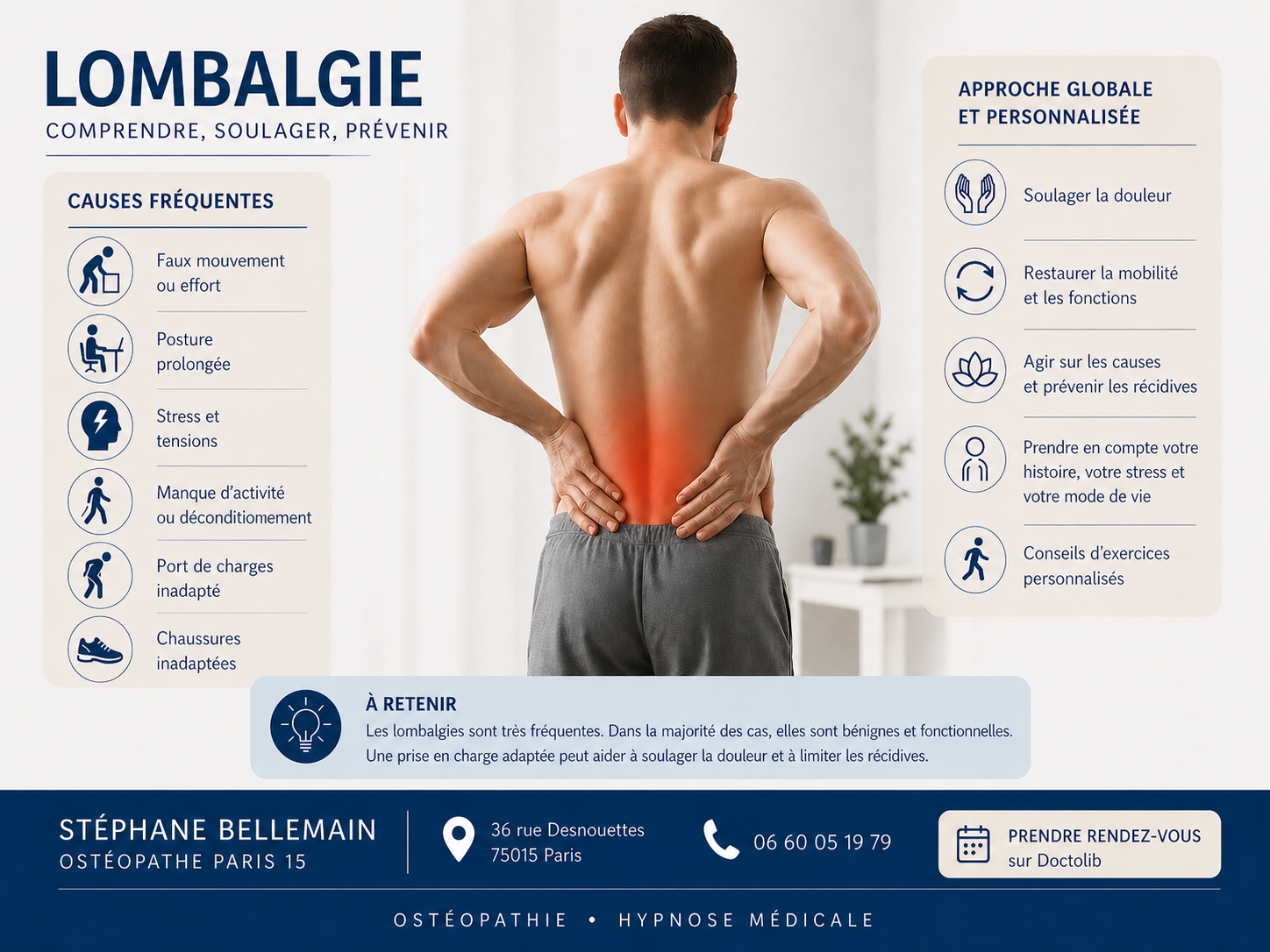 Infographie lombalgie ostéopathe Paris 15 Stéphane Bellemain
