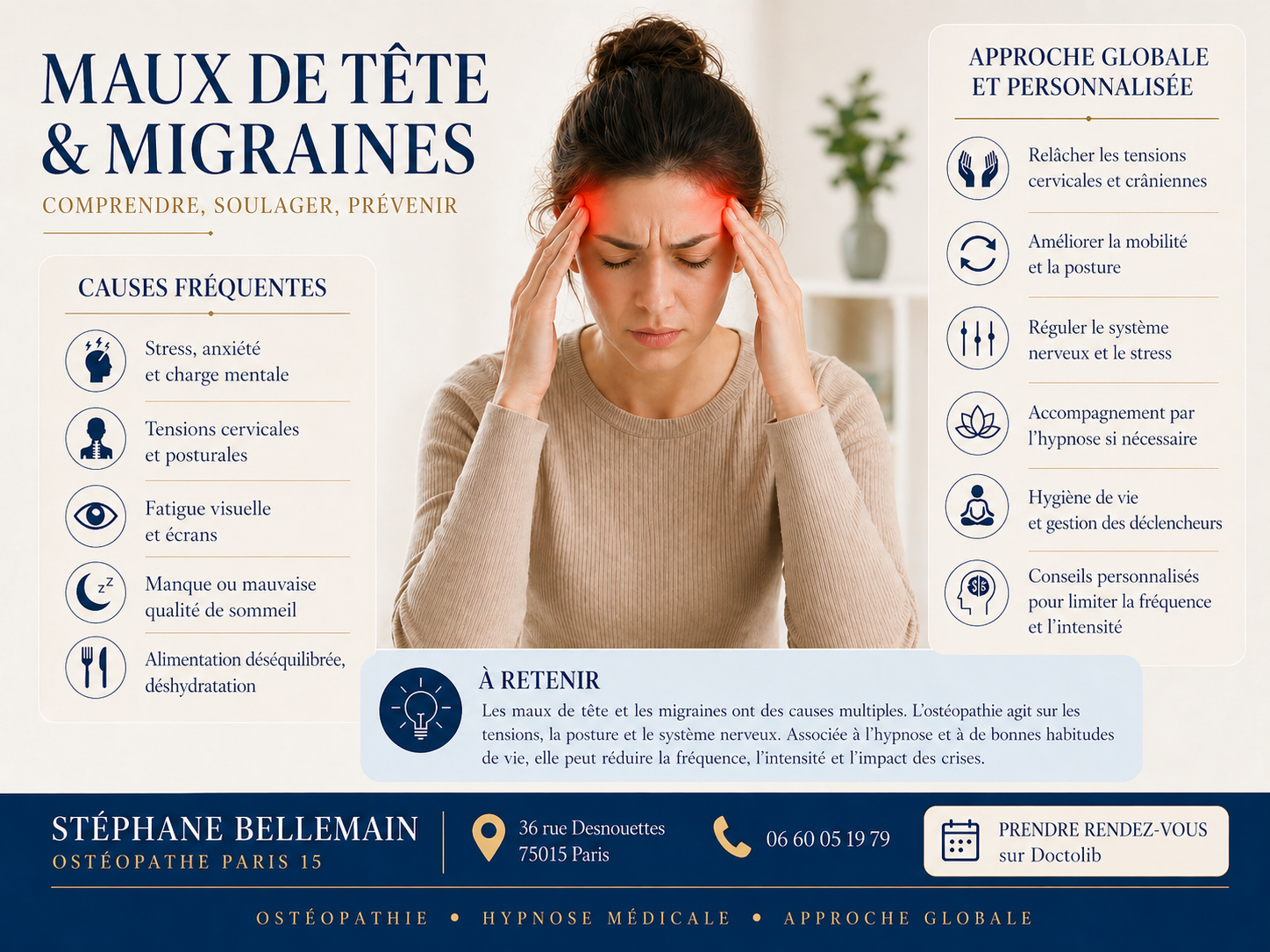 Infographie sur les maux de tête, céphalées et migraines en ostéopathie à Paris 15