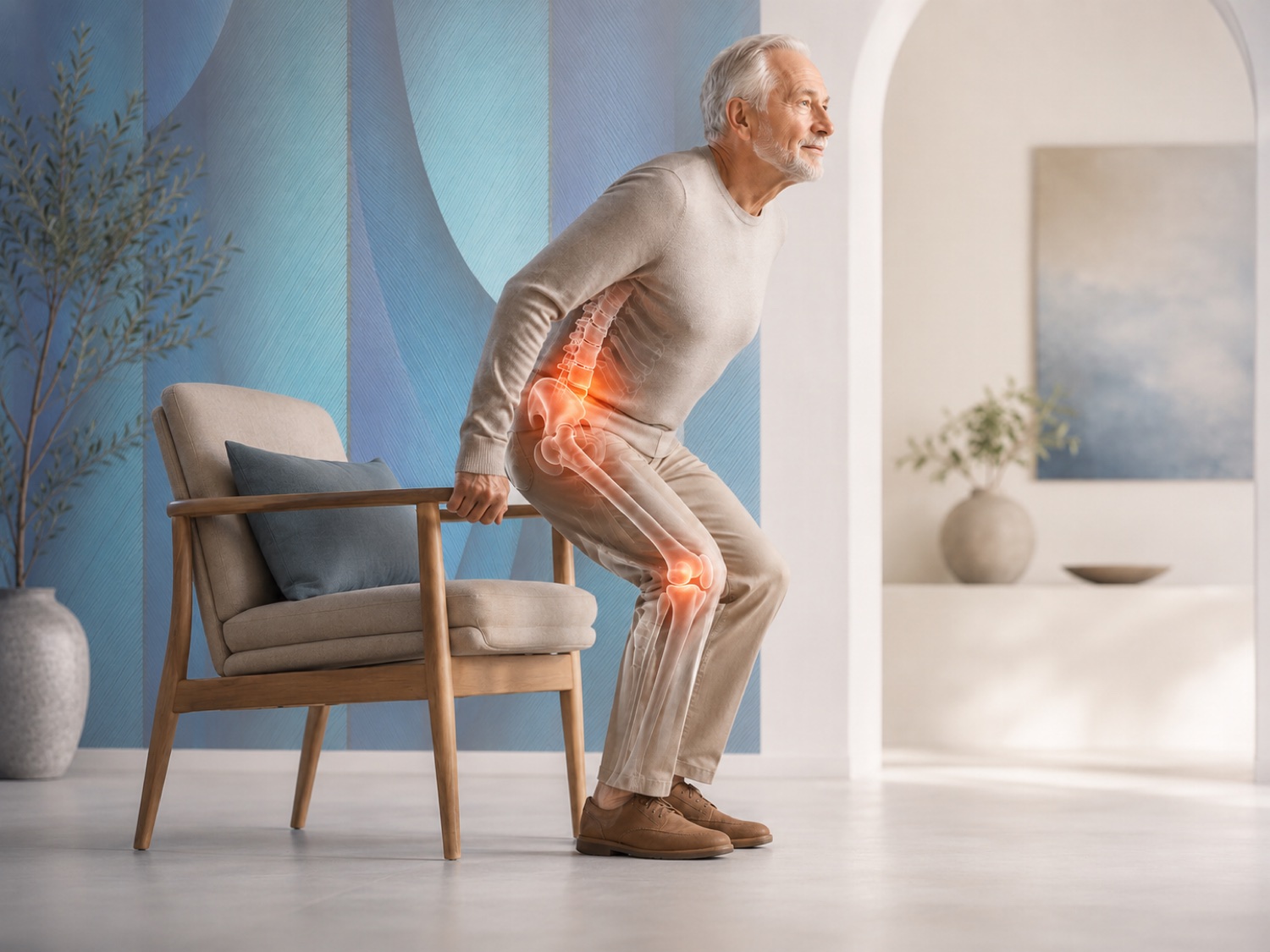 Senior se levant d’une chaise avec travail des appuis lombaires et genoux, ostéopathe Paris 15